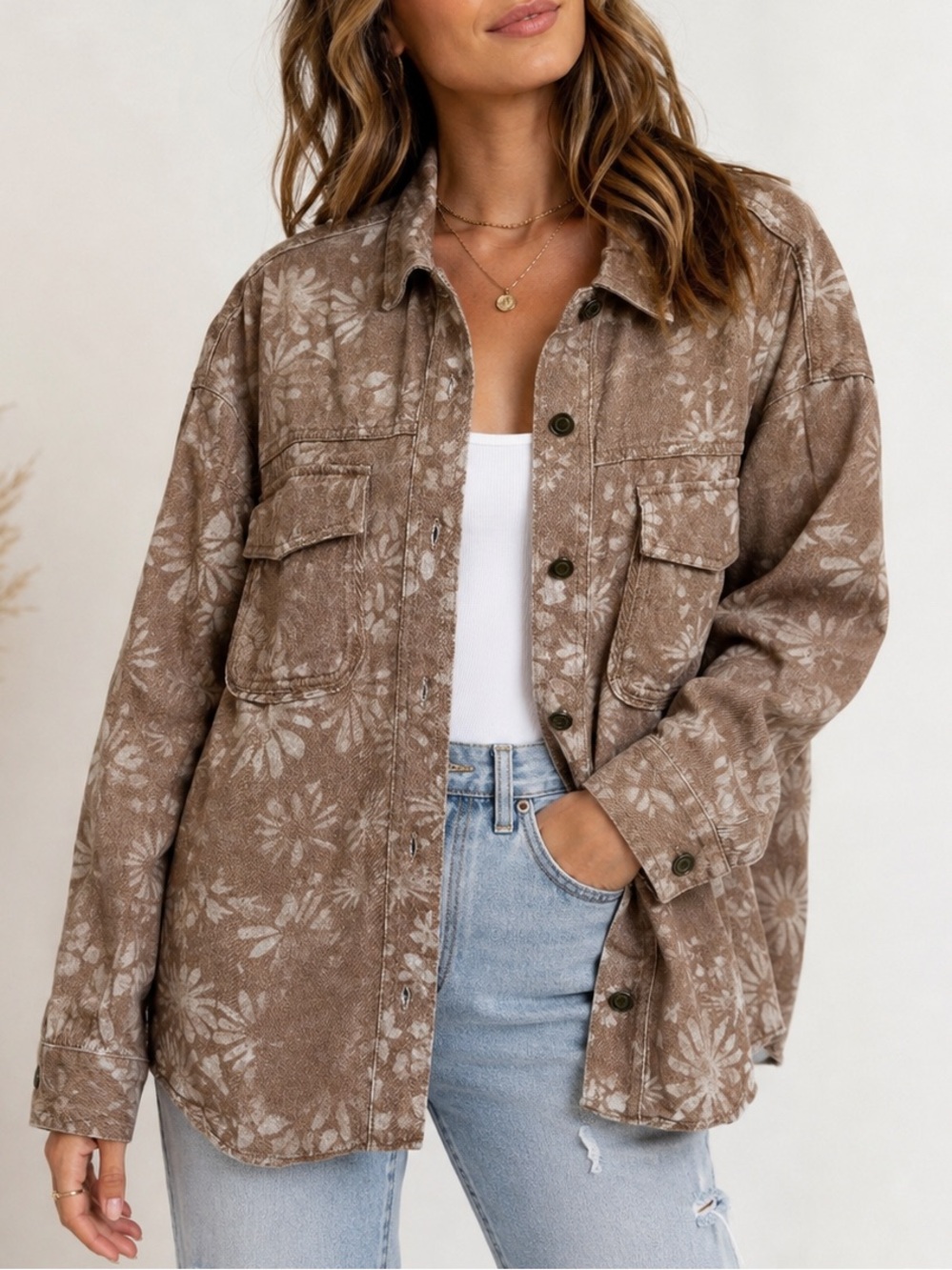 Entro Brown Tan Floral Print Lightweight Denim Jacket Shacket